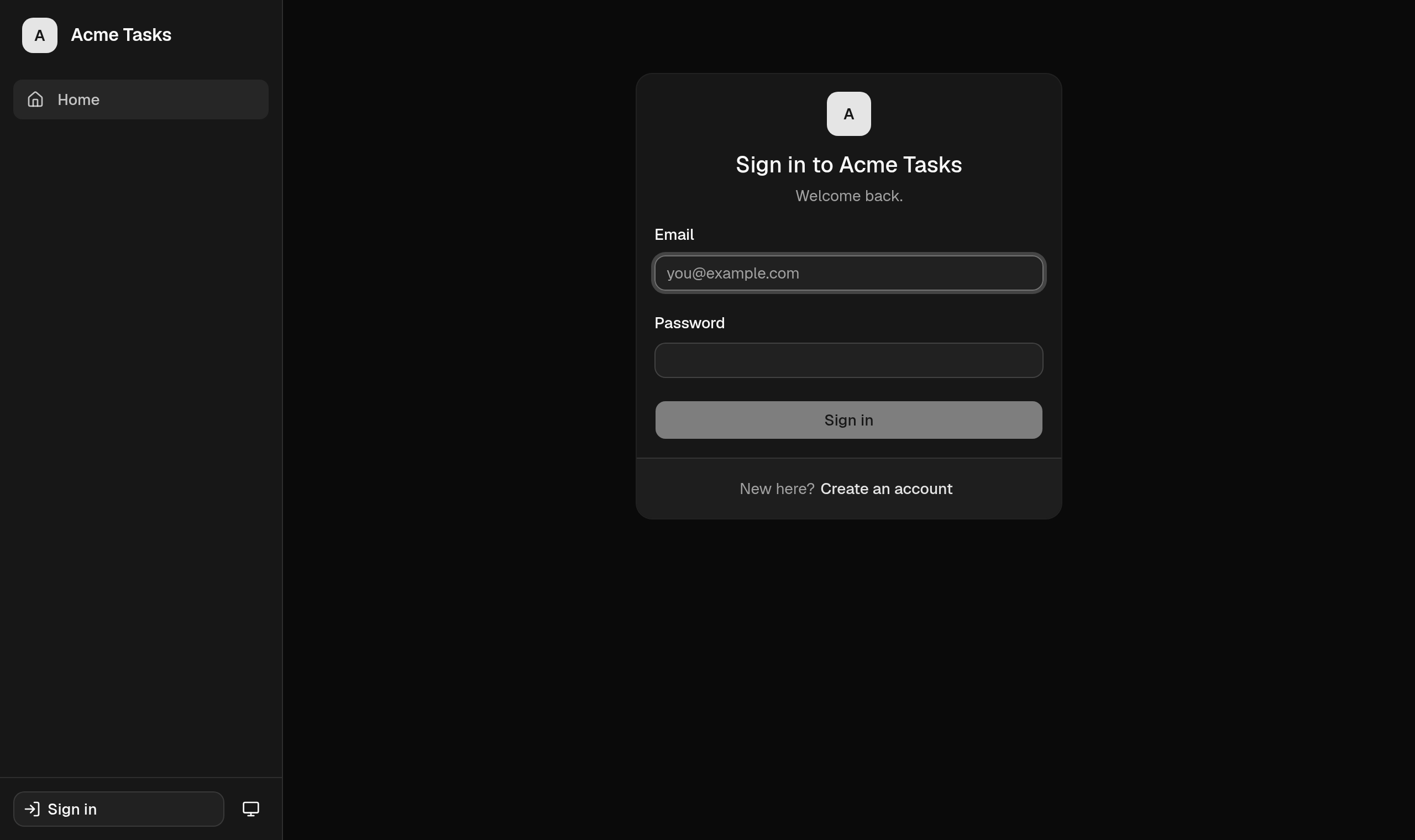 The sign-in page in dark mode.