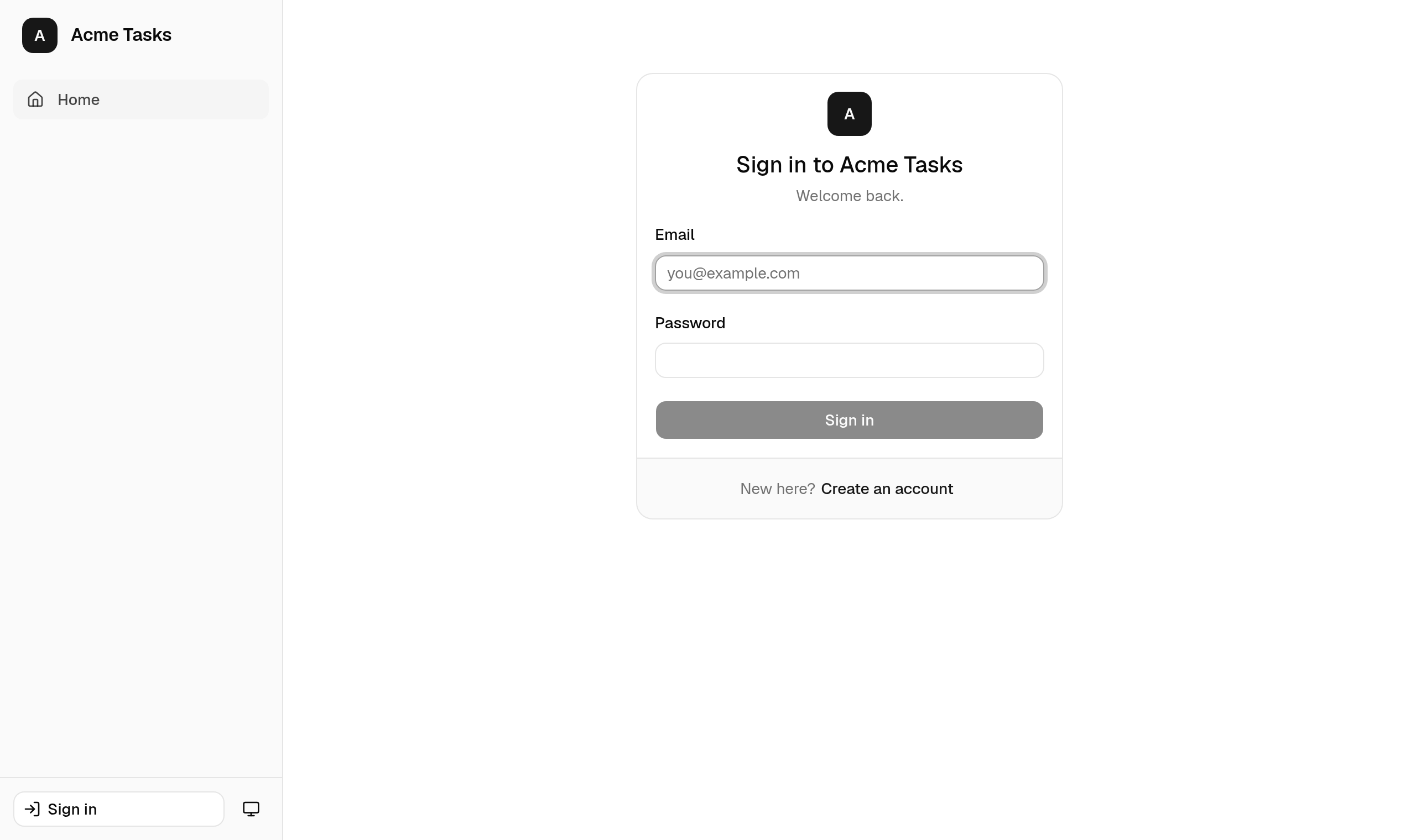 The sign-in page of a new Bever app.