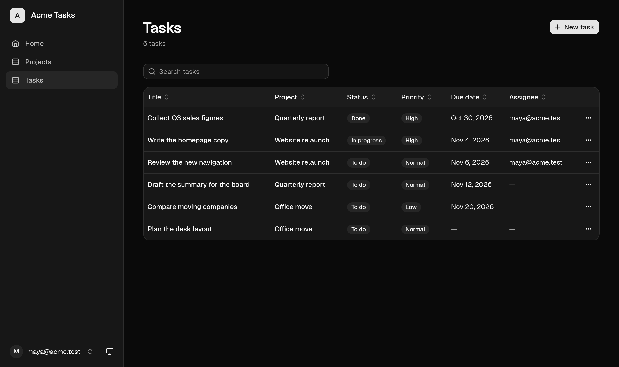 The generated task list in dark mode.