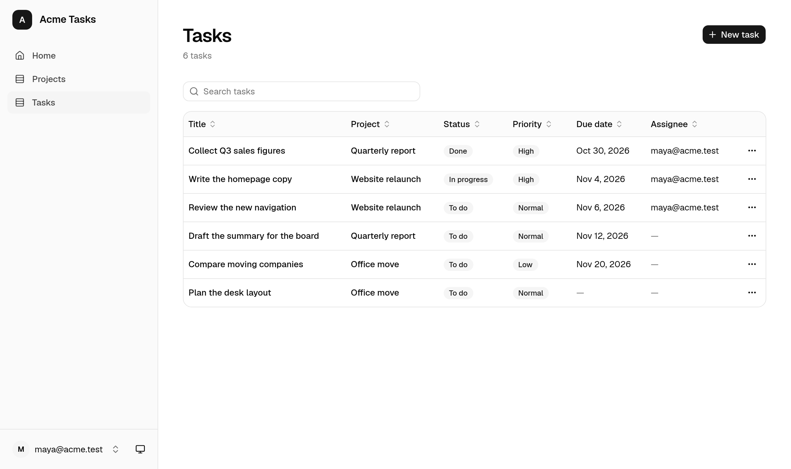 The generated task list: a table of tasks with project, status, priority, due date, and assignee columns.
